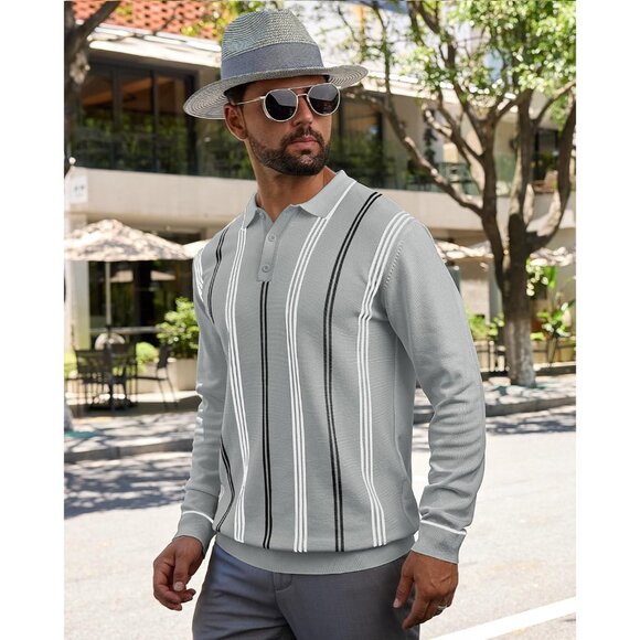Men's Knit Polo Sweater Long Sleeve Striped Thermal Button Collar Sweater Grey - Picture 2 of 7
